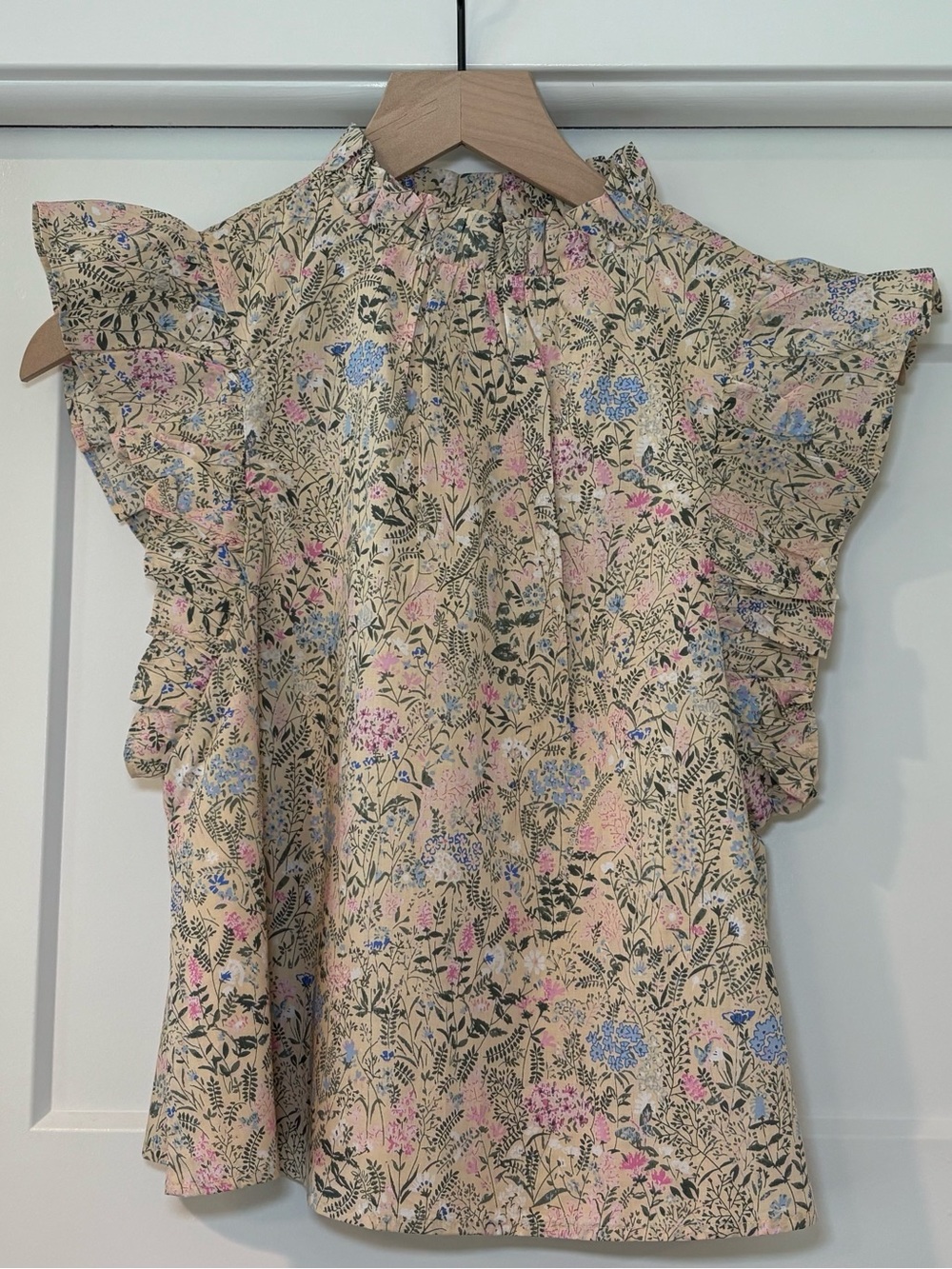 Janie and Jack Floral Ruffle Sleeve Blouse - Cream, Blue & Pink